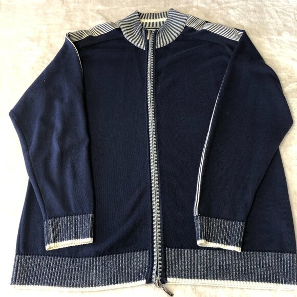 Bugatti Navy & Cream Long Sleeve Zip Up Knit Sweater Size 42 (Large) - Picture 3 of 10
